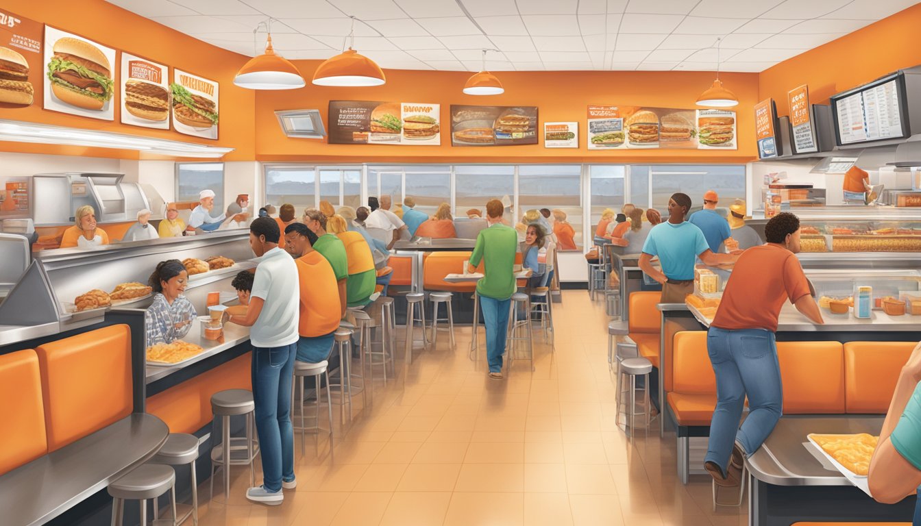 The bustling interior of a Whataburger in Monroe, GA, with patrons enjoying a variety of nutrition and dietary options on the menu