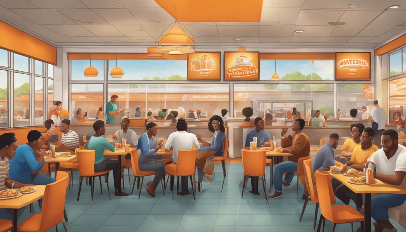 A Whataburger restaurant surrounded by diverse customers enjoying their meals