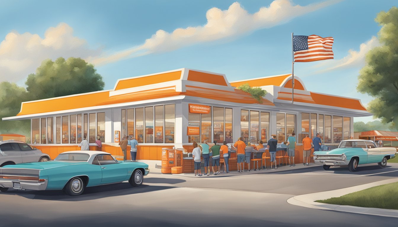 A bustling WhatABurger restaurant in Monroe, GA, with customers lined up at the drive-thru and outdoor seating filled with locals enjoying their meals