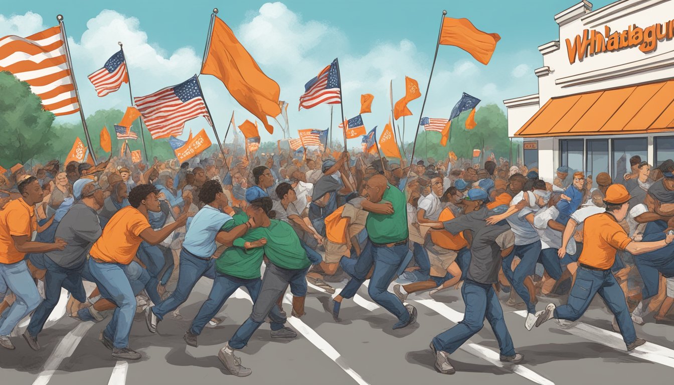 A chaotic clash between two opposing groups near a Whataburger restaurant, with flags and signs expressing conflicting views