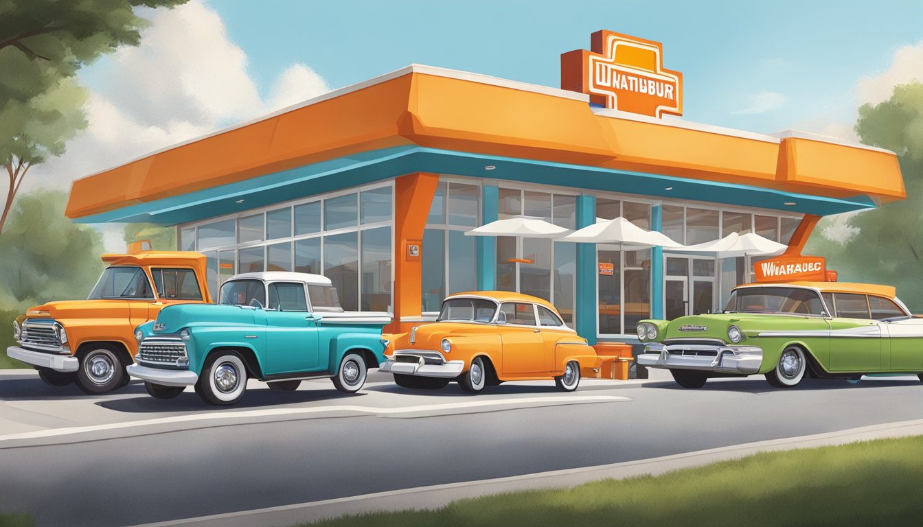 A bustling Whataburger restaurant in Monroe, GA, with a drive-thru, outdoor seating, and a colorful, retro-inspired exterior