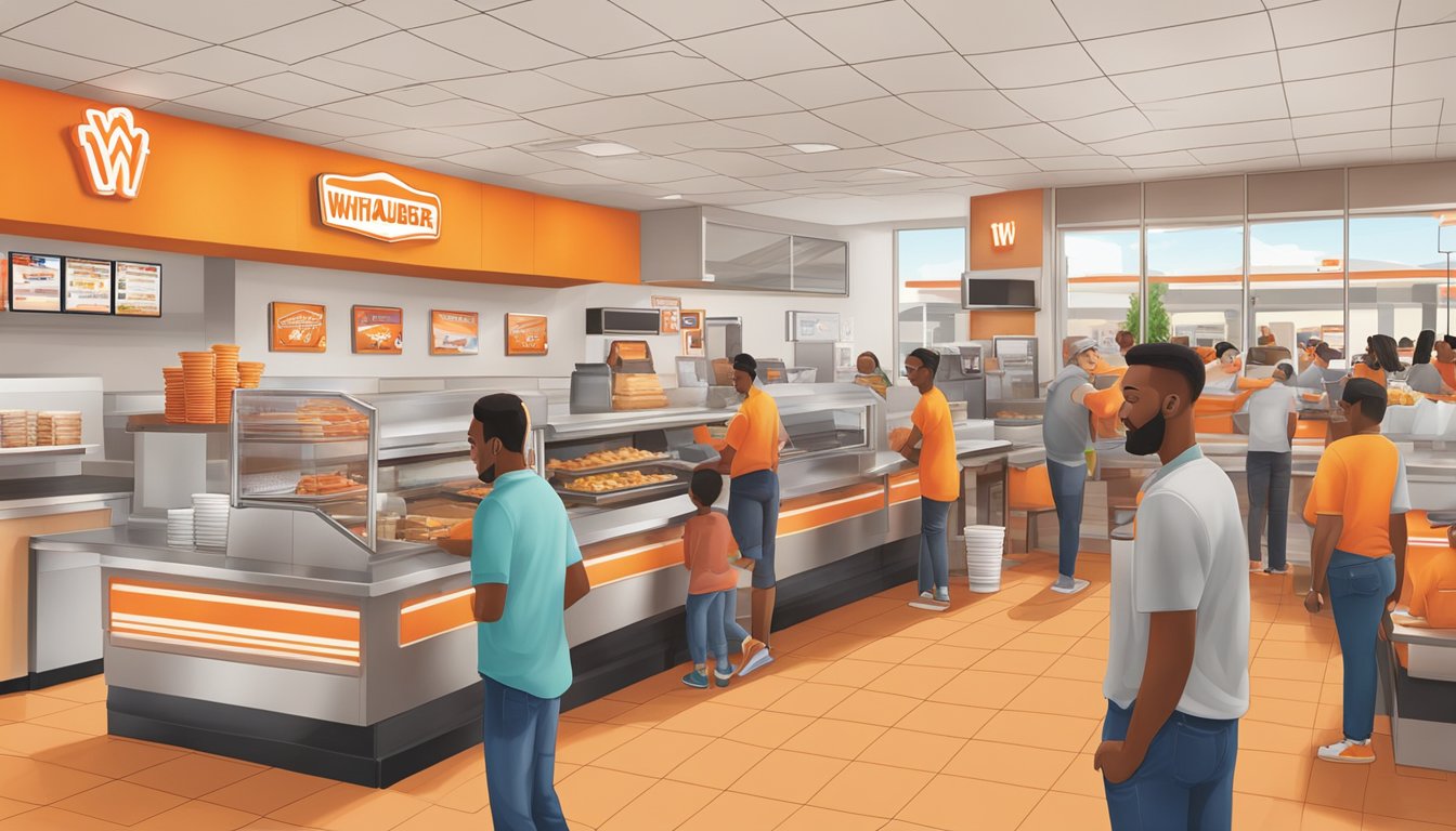 A bustling Whataburger restaurant in Monroe, GA, with customers redeeming rewards and loyalty points at the counter