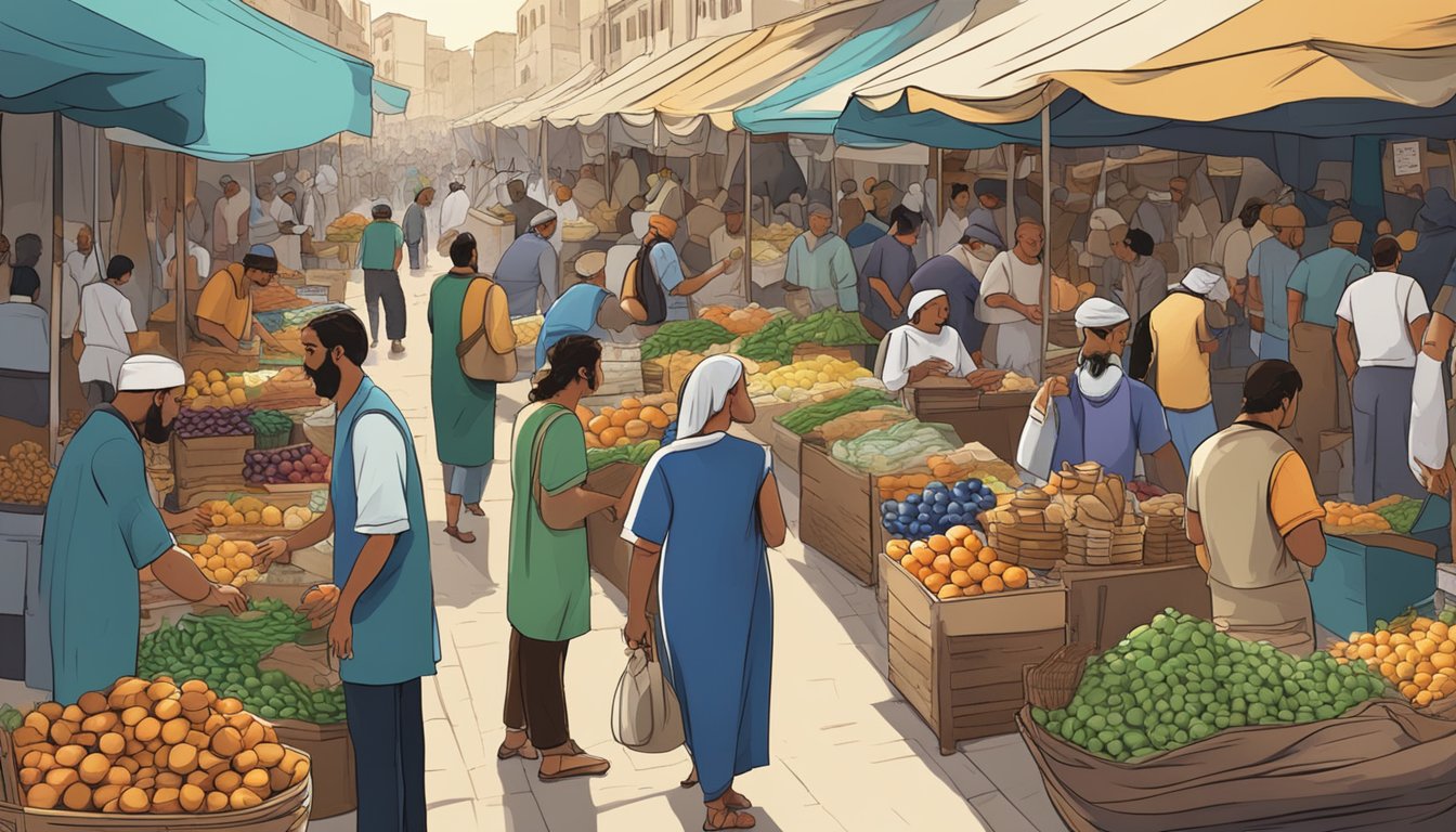 A bustling Israeli marketplace with vendors selling goods and people engaging in commerce