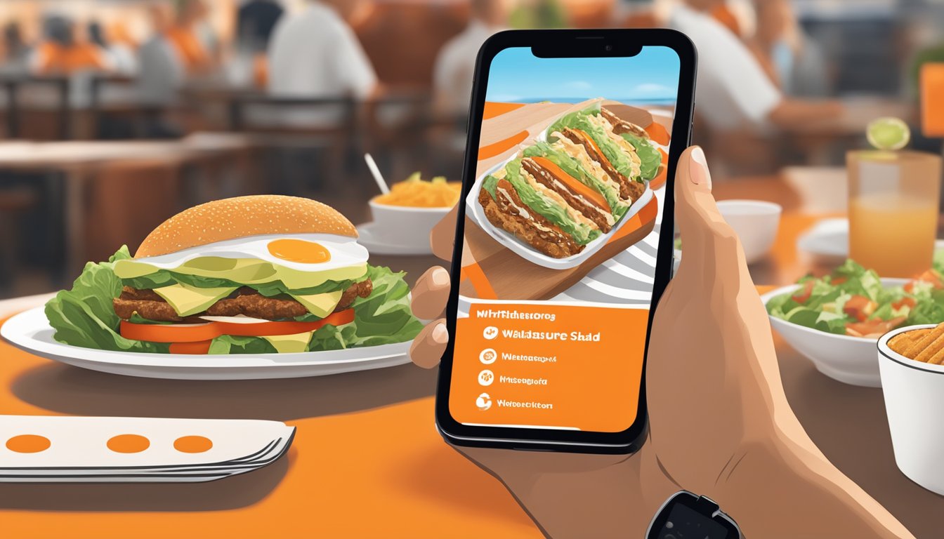 A person using a smartphone to order a Whataburger Cobb Salad on the Whataburger app, with a background of the restaurant's iconic orange and white stripes