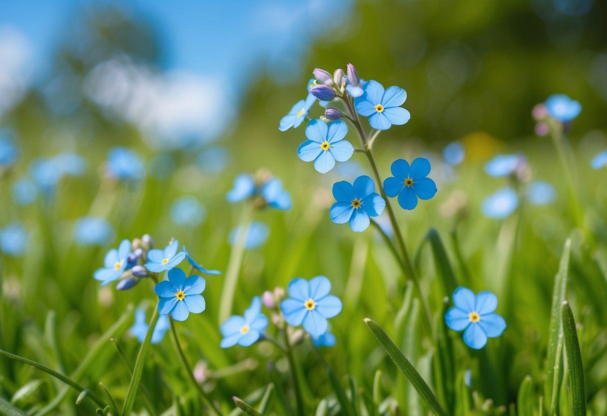 A serene meadow with delicate blue forget-me-not flowers blooming among lush green grass and a clear blue sky above