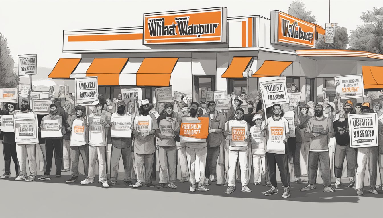 A group of people holding signs and banners outside a Whataburger restaurant, protesting and calling for a boycott due to the company's alleged support for Israel