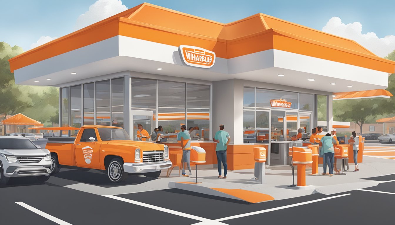 A bustling Whataburger restaurant in Monroe, GA with customers at the counter and drive-thru, staff taking orders, and the iconic orange and white color scheme