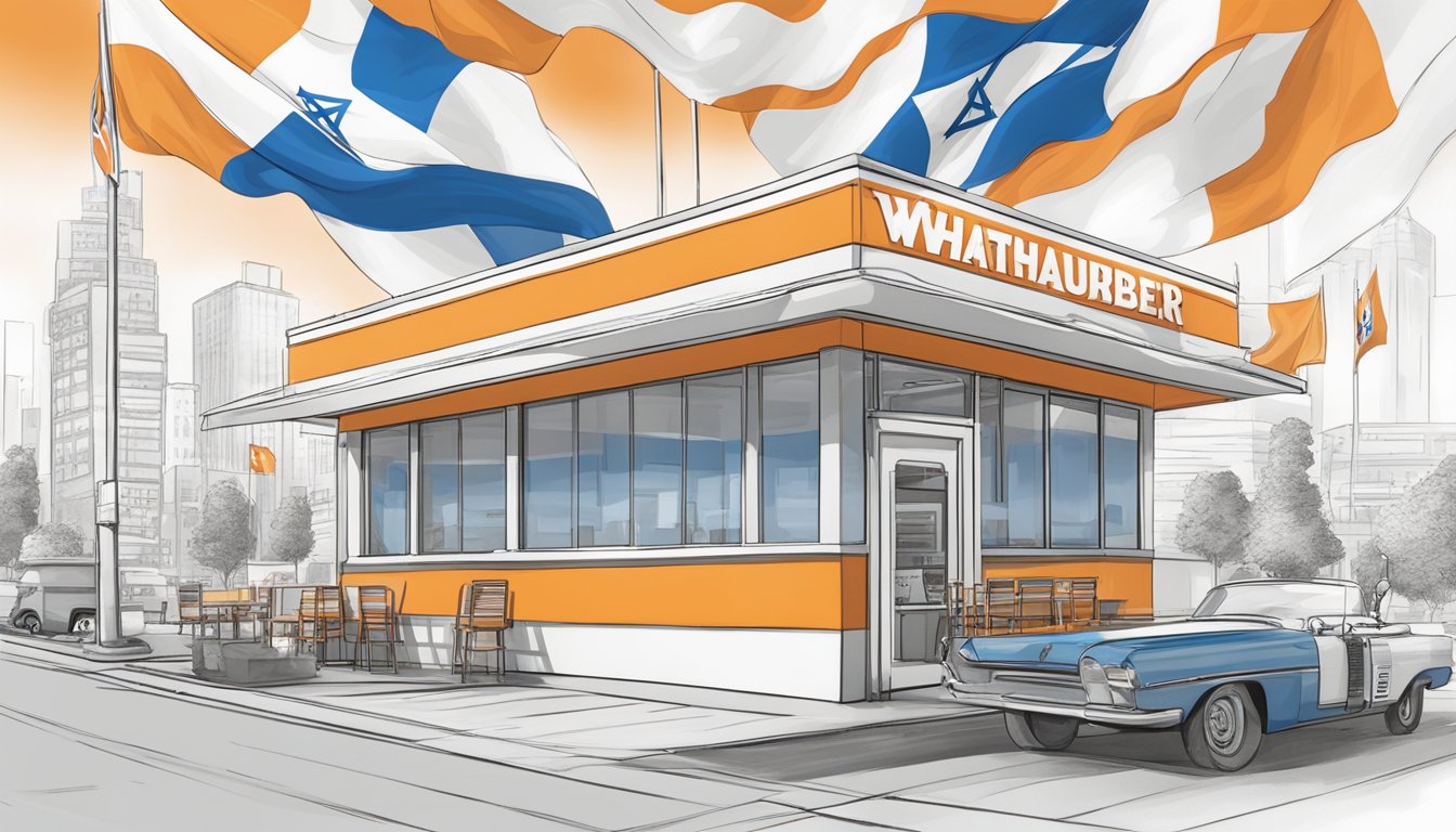 A Whataburger restaurant in a diverse city, with flags of different countries flying outside, including the flag of Israel