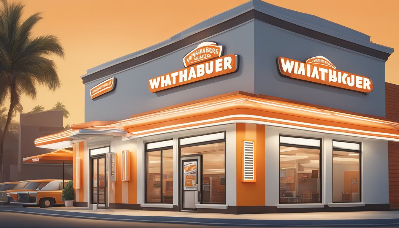 A vintage Whataburger restaurant sign surrounded by iconic orange and white striped awnings, with a birthday reward card displayed on the counter