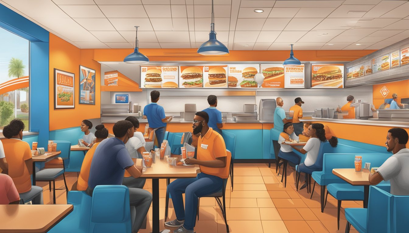 A bustling Whataburger restaurant with a prominent "Support Israel" poster displayed near the entrance. Customers enjoying their meals amid a lively atmosphere