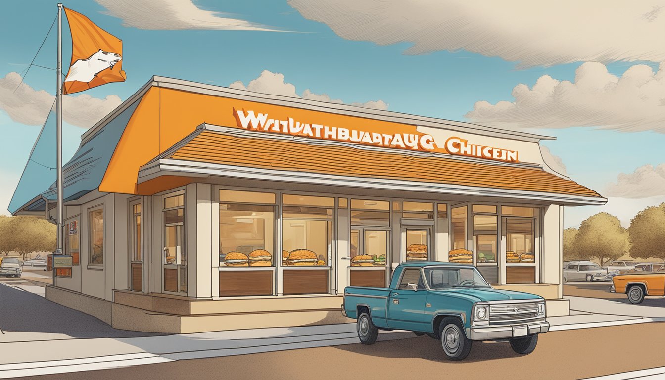 A buffalo ranch chicken sandwich being served at a Whataburger, with the restaurant's history depicted in the background