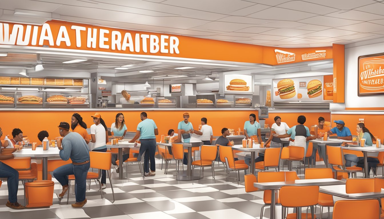 A bustling Whataburger restaurant with a prominent display of the iconic orange and white logo, surrounded by happy customers enjoying their meals