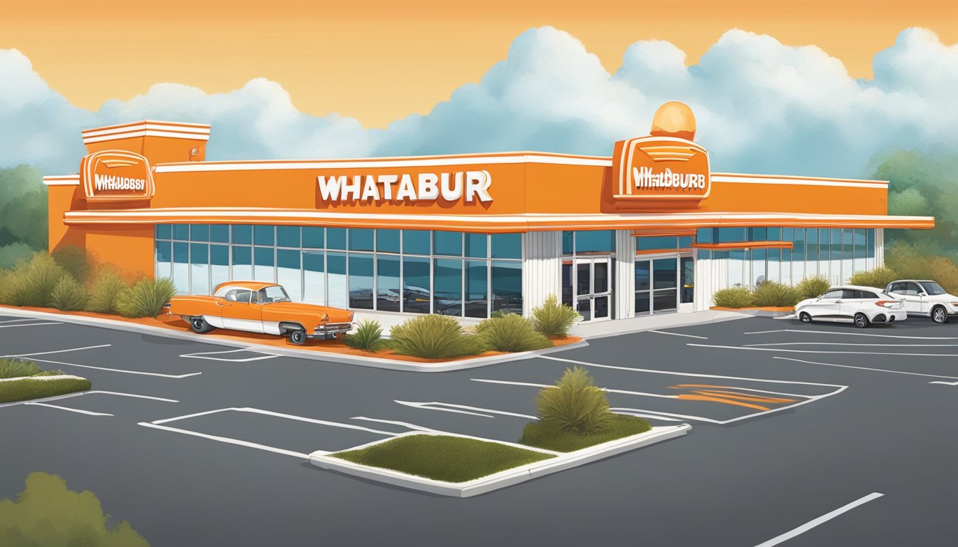 A Whataburger restaurant with the iconic orange and white striped building, drive-thru lanes, and a bustling parking lot