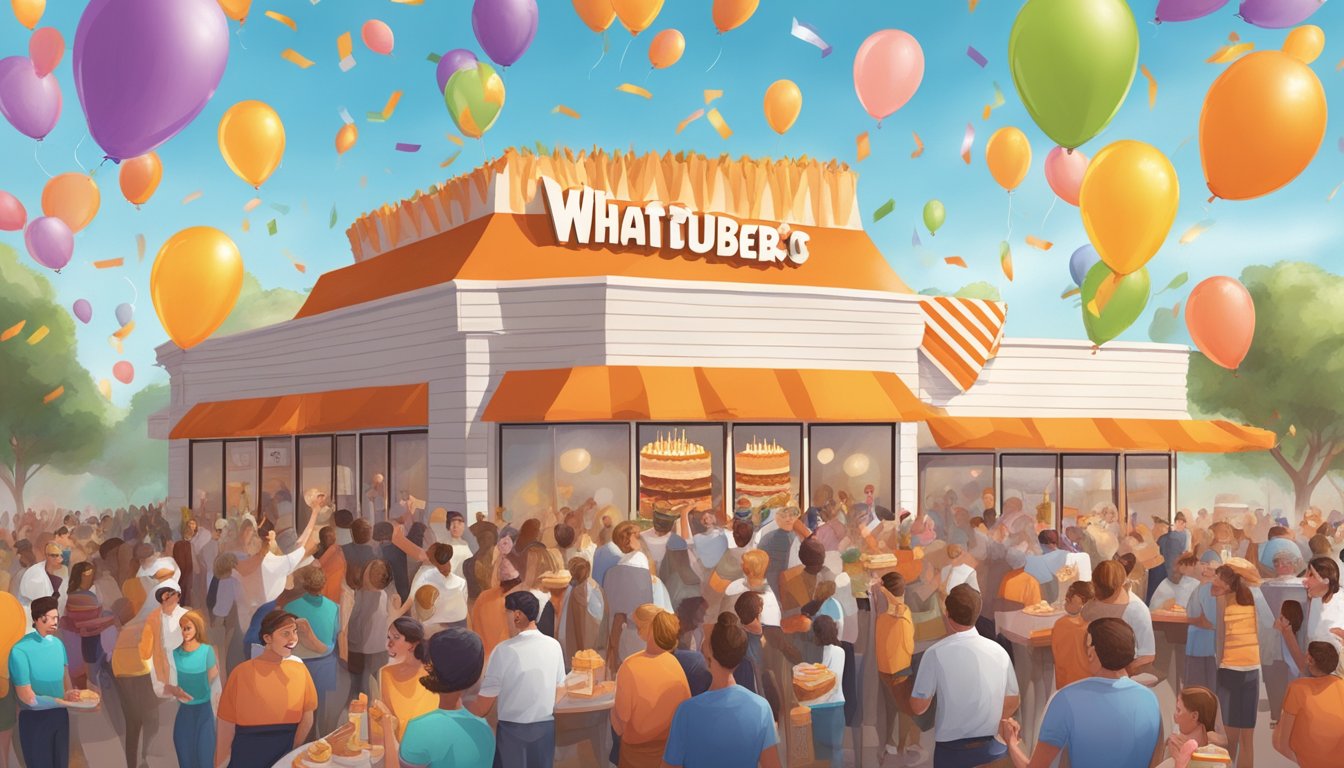 A bustling Whataburger restaurant with balloons, confetti, and a giant birthday cake. People are celebrating and receiving their birthday rewards