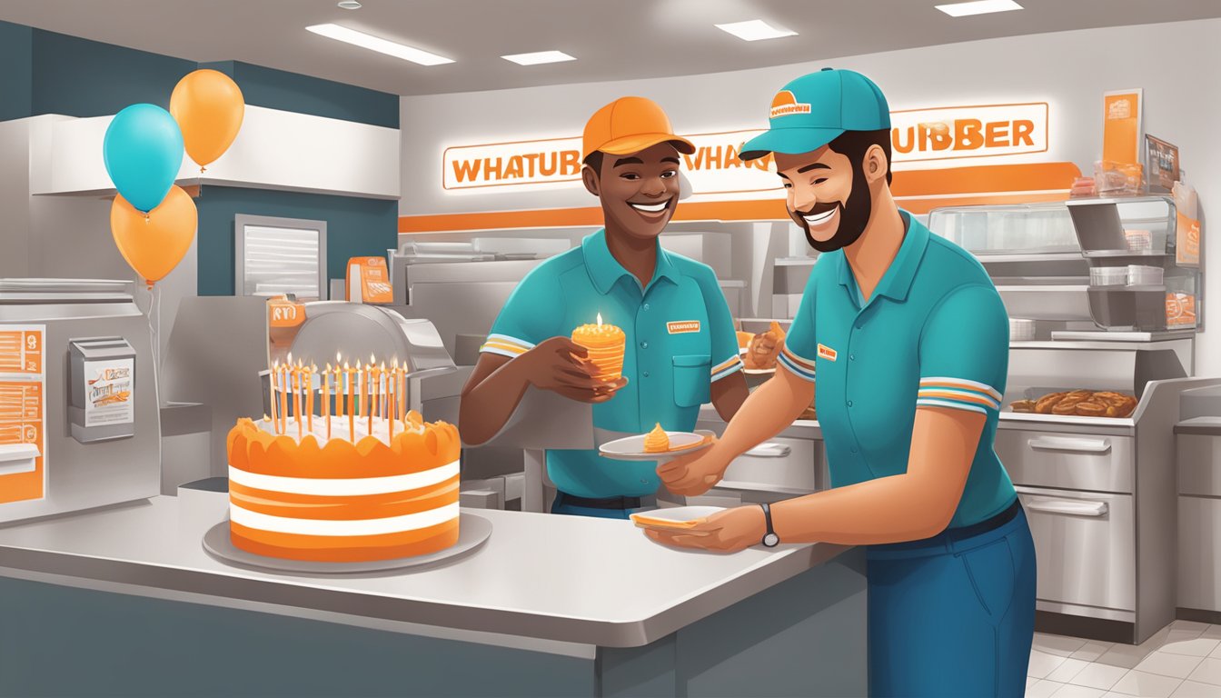 A Whataburger restaurant staff member handing a birthday reward to a smiling customer at the counter