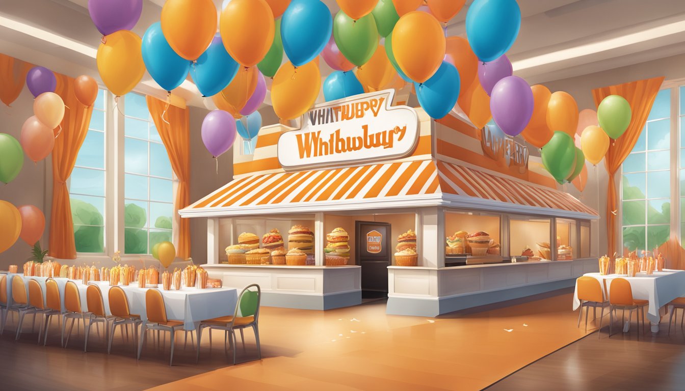 A festive birthday party scene with a Whataburger logo prominently displayed, surrounded by balloons and party decorations