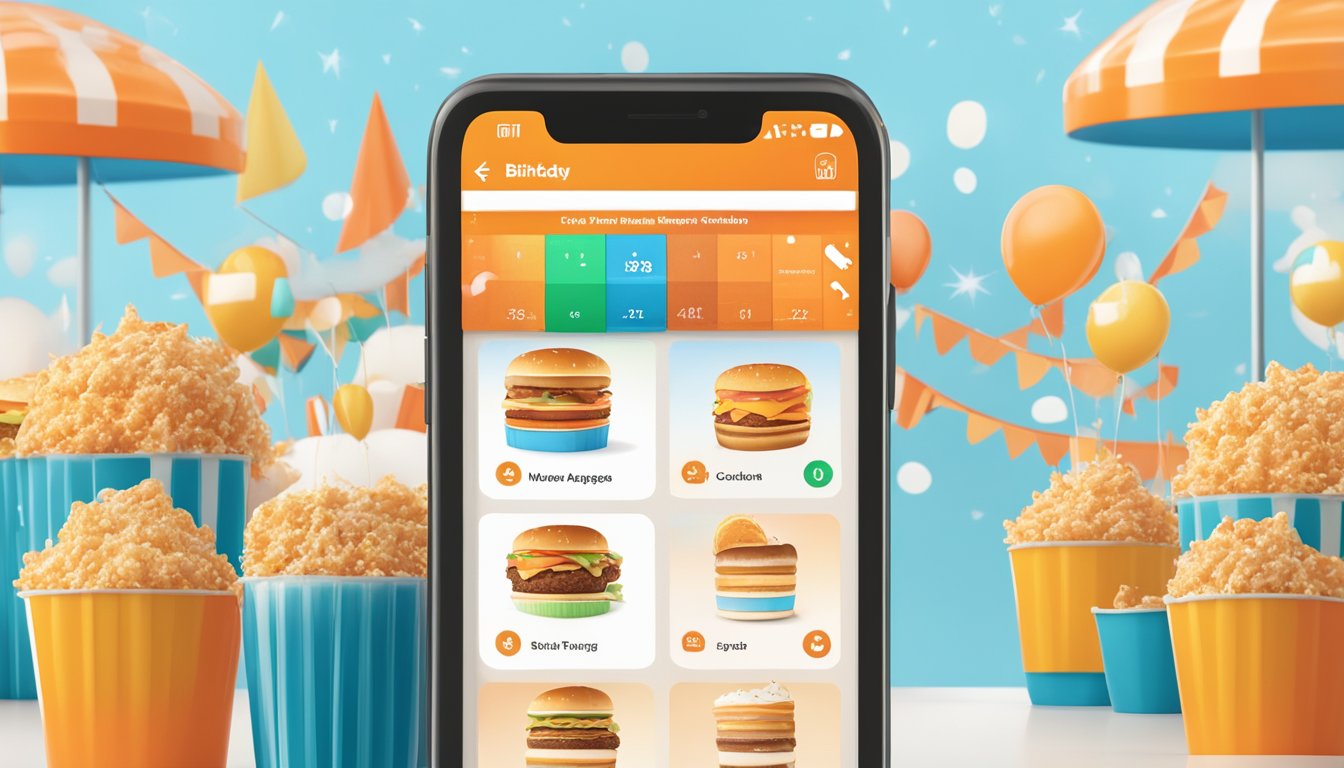 A colorful Whataburger app interface with a birthday reward notification popping up on the screen