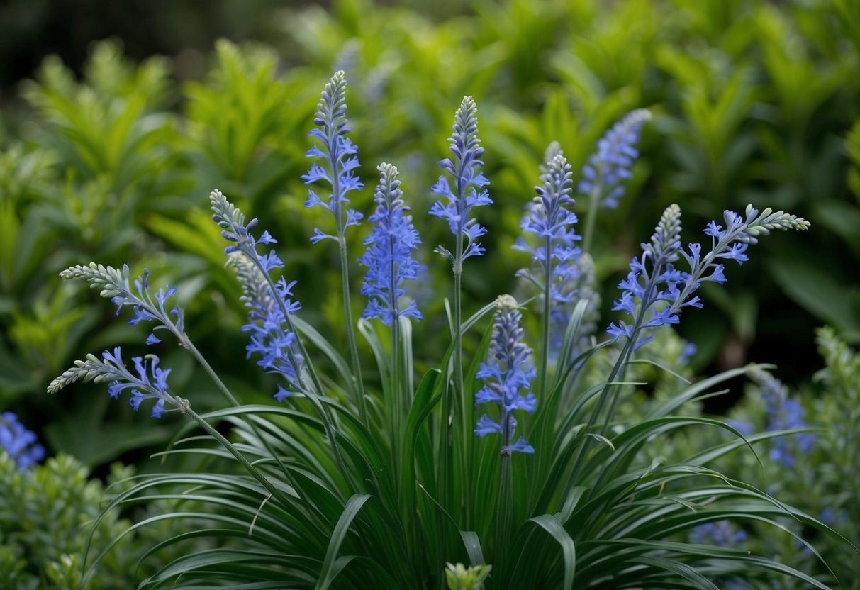 A cluster of dianella plants with slender, arching leaves and delicate blue flowers, set against a backdrop of lush green foliage