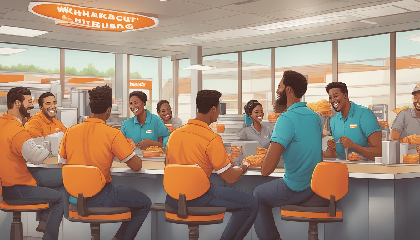 A group of employees enjoying a workday at Whataburger, with smiling faces and a sense of camaraderie as they take advantage of their benefits and perks