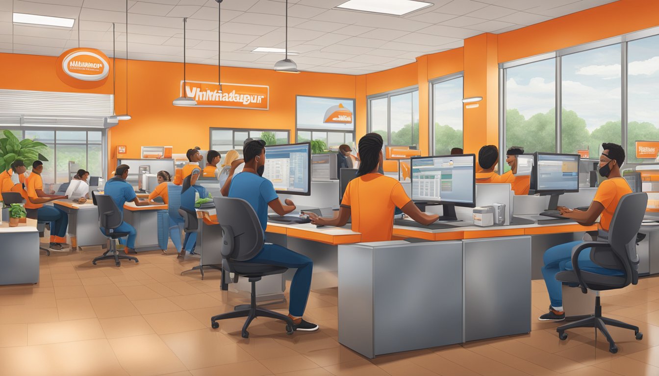 A busy workplace at Whataburger with employees using technology throughout the workday