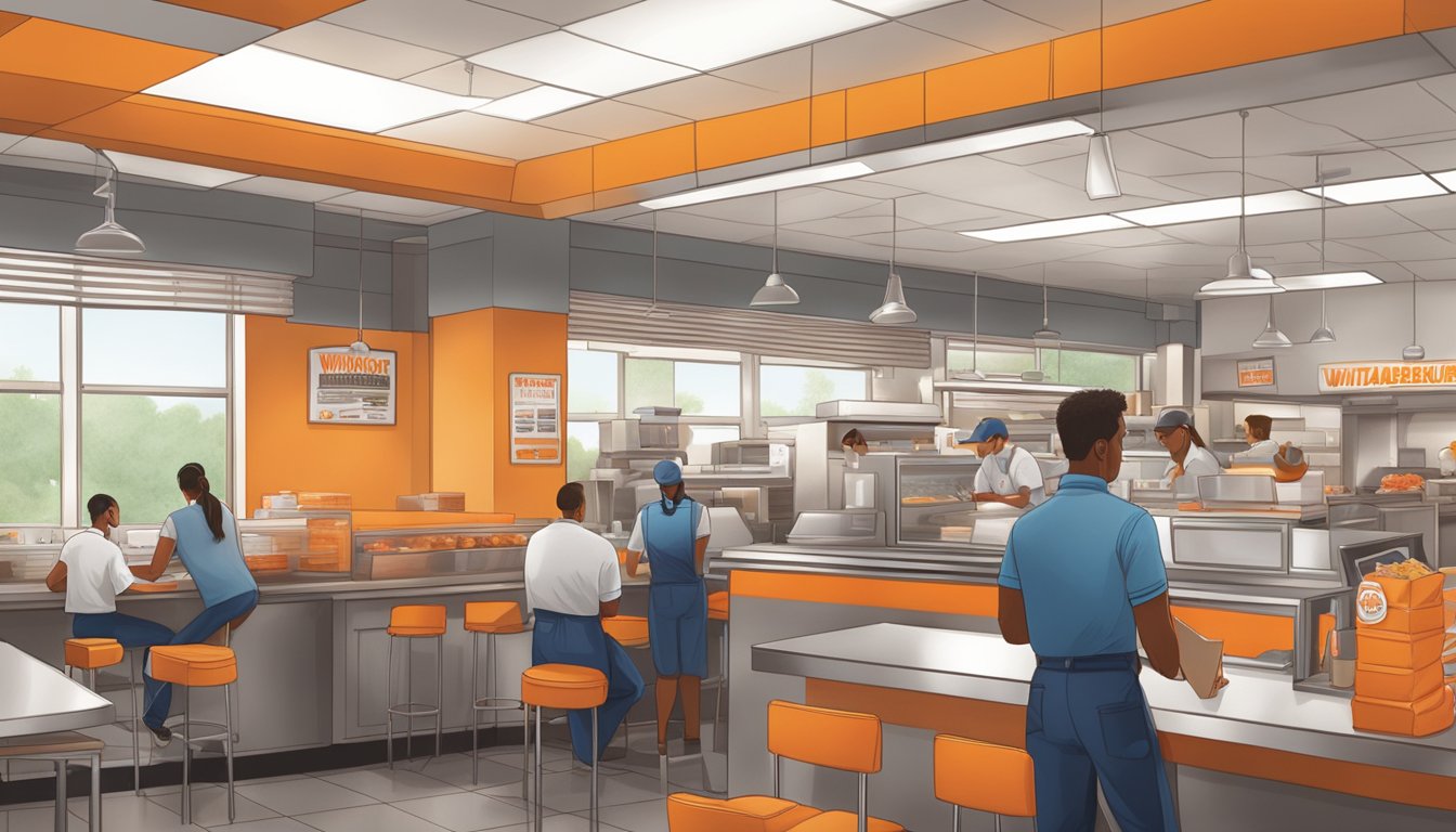 A busy workday at Whataburger, with employees conducting hiring process tasks in the restaurant