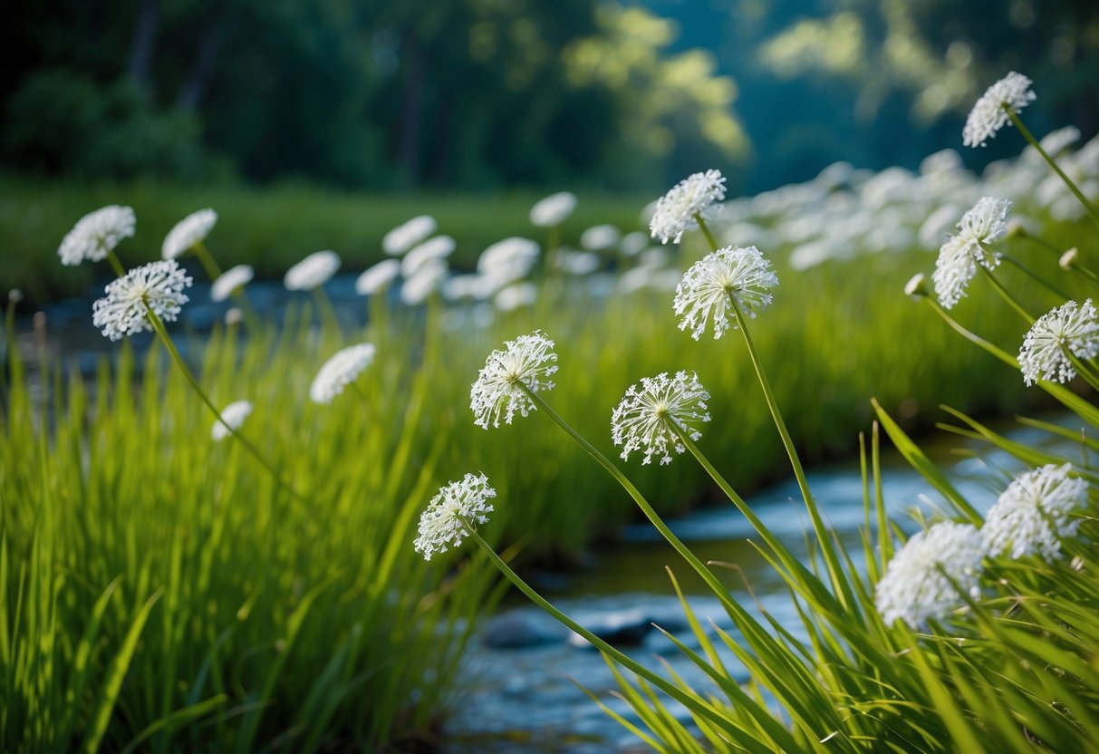 A serene landscape with dianella plants swaying in the breeze near a tranquil stream