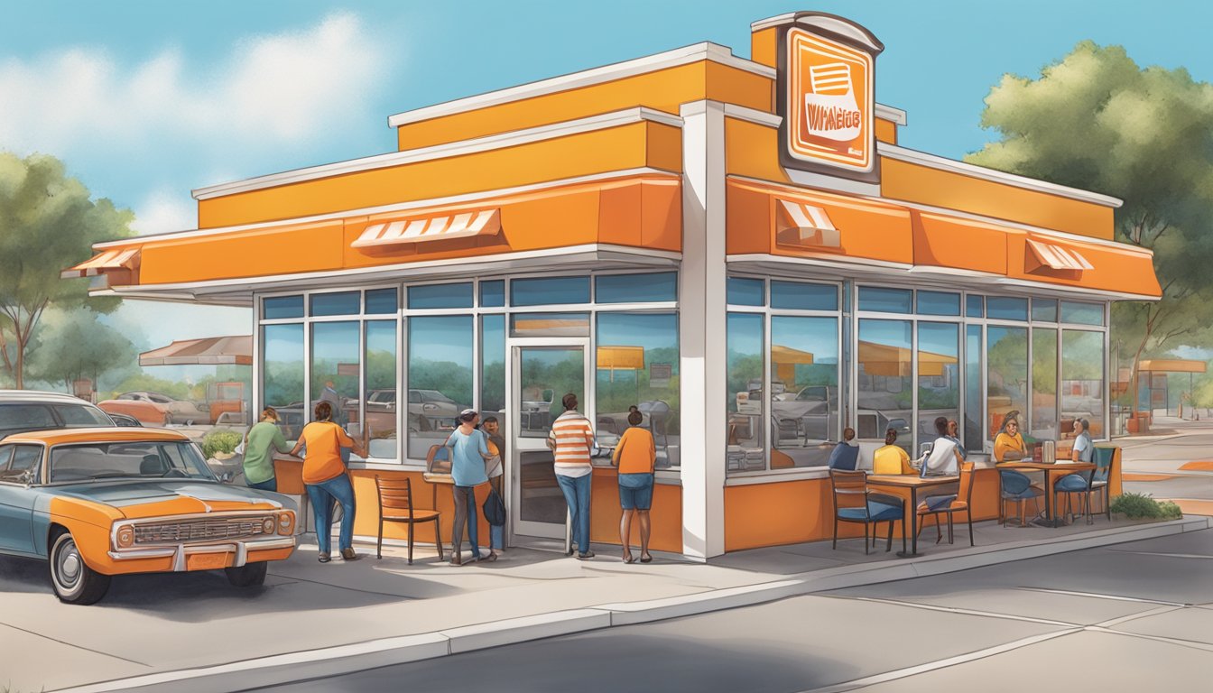 A bustling Whataburger restaurant with a drive-thru, outdoor seating, and a colorful menu board