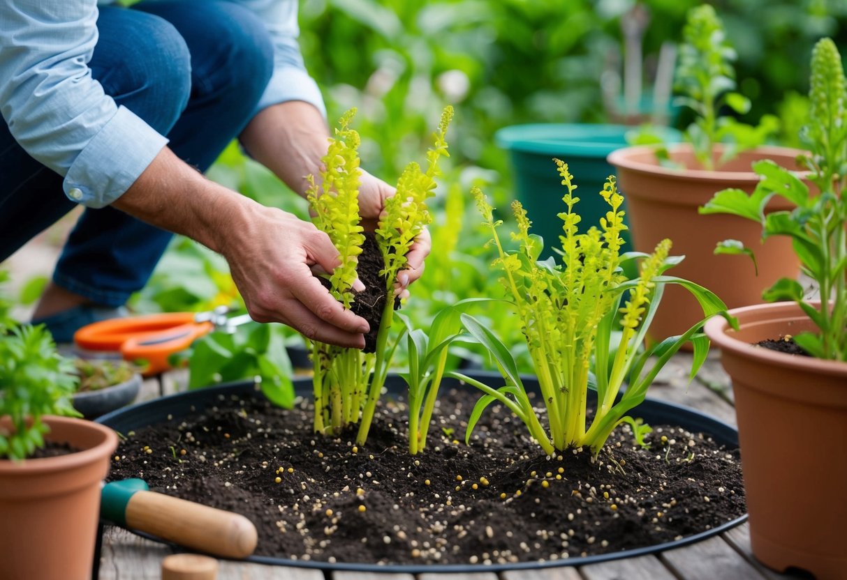 Dianella propagation: a gardener carefully divides and plants dianella rhizomes in moist soil, surrounded by pots and gardening tools