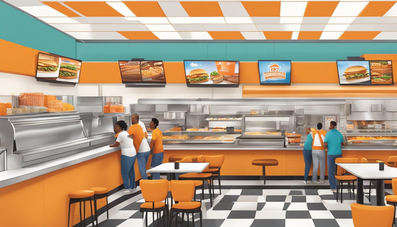 A bustling Whataburger restaurant in Huntsville, Alabama, with customers enjoying their meals and engaging with staff over the counter