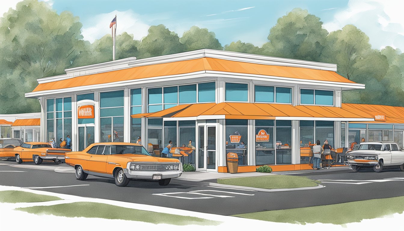 A bustling Whataburger restaurant in Huntsville, Alabama, with a line of cars at the drive-thru and a busy dining area