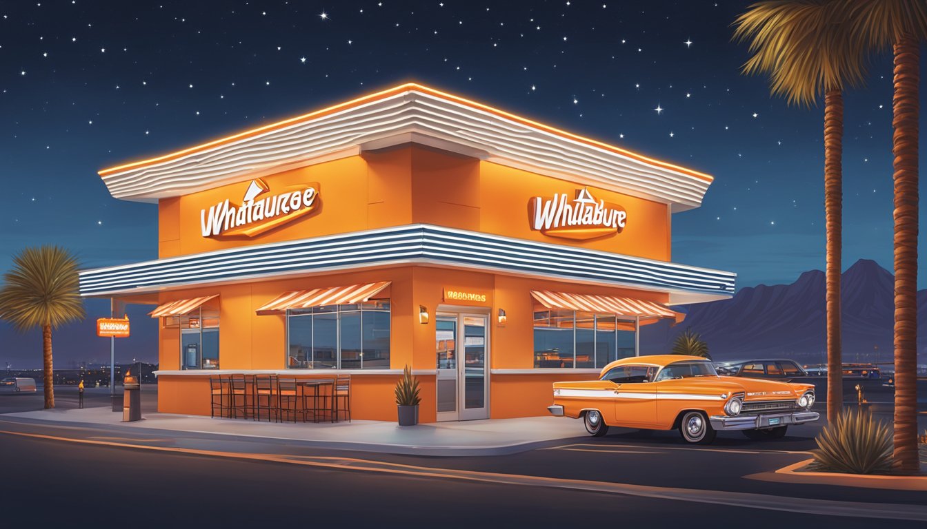 A bustling Whataburger restaurant in Las Vegas, with the iconic orange and white striped exterior and a neon sign glowing against the night sky