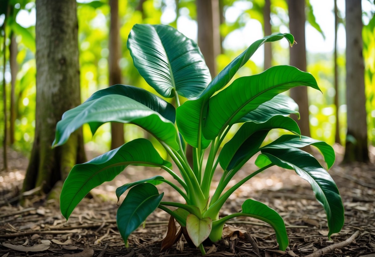 A lush alocasia plant with large, glossy, heart-shaped leaves, growing in a dappled forest clearing