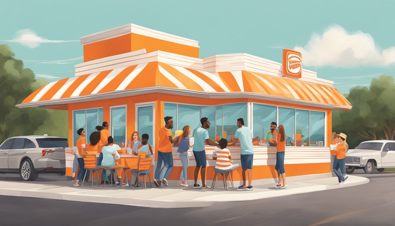 A group of friends gather around a small Texas diner, laughing and enjoying Whataburger's iconic orange and white striped building