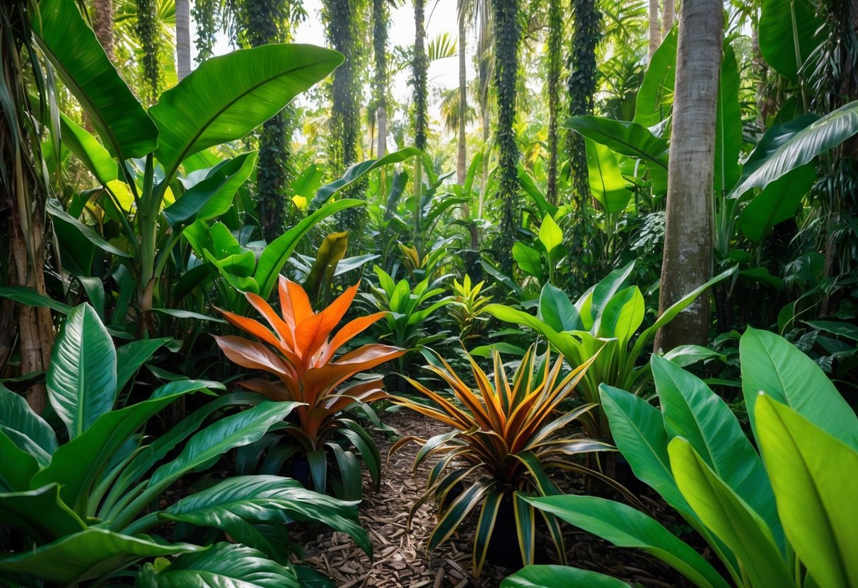 A lush tropical forest with a variety of alocasia plants of different sizes and colors, surrounded by dappled sunlight filtering through the dense foliage