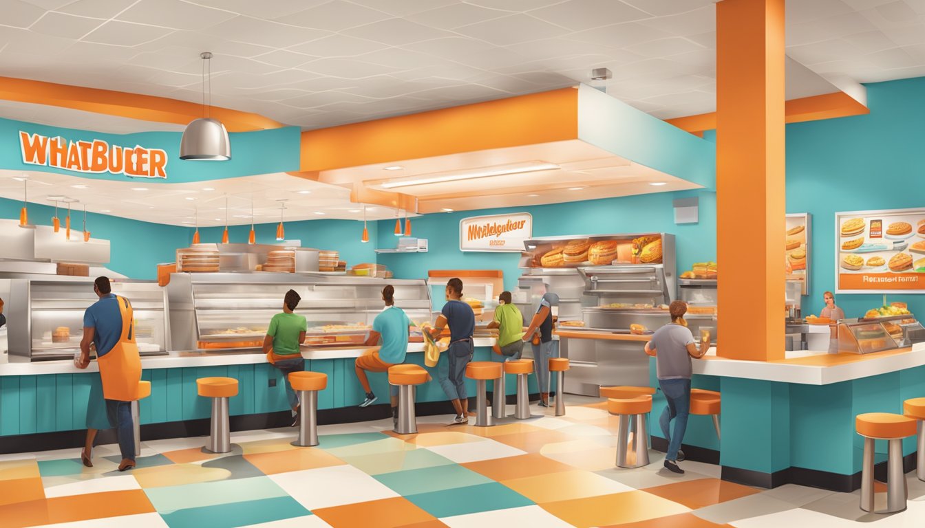 A bustling Whataburger restaurant with a colorful interior, busy kitchen, and happy customers enjoying their meals