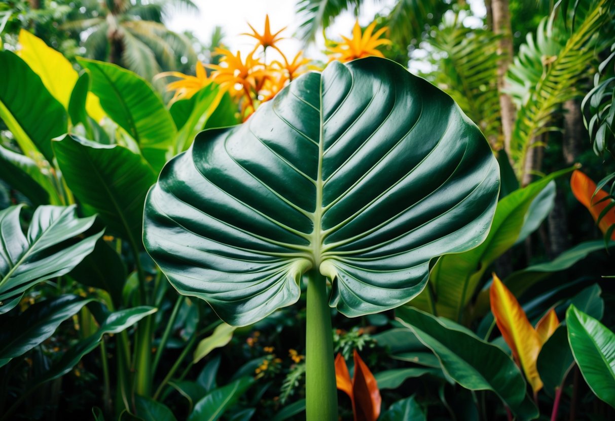 A lush, tropical setting with large, glossy alocasia leaves and intricate veining, surrounded by vibrant, exotic foliage