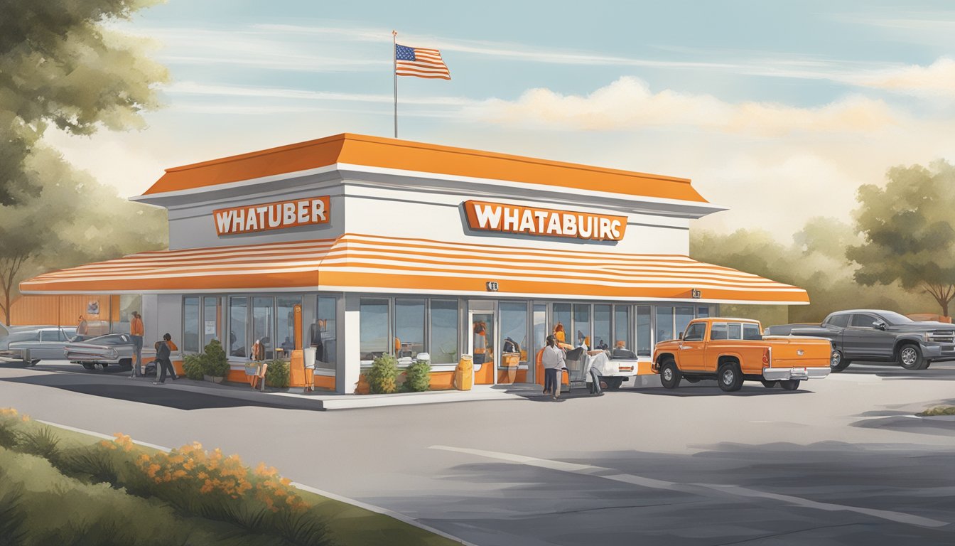 A bustling Whataburger restaurant in Jacksonville, Alabama, with a classic orange and white striped exterior, a drive-thru window, and a crowded parking lot