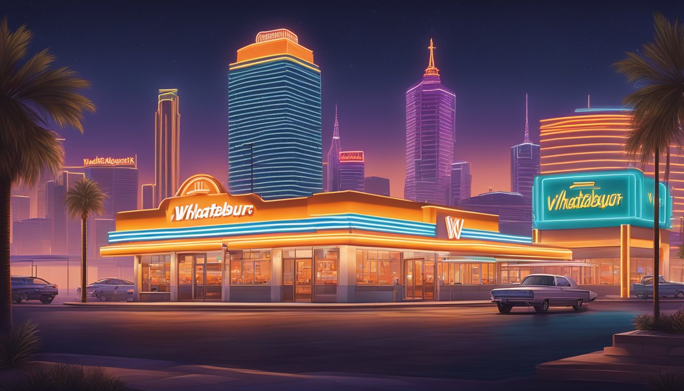 The vibrant neon lights of a Whataburger in Vegas illuminate the bustling atmosphere, with a backdrop of the iconic Vegas skyline in the distance