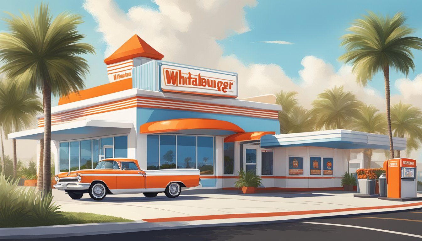 A red and white striped WhatABurger restaurant with a large sign and drive-thru. Palm trees and a clear blue sky in the background