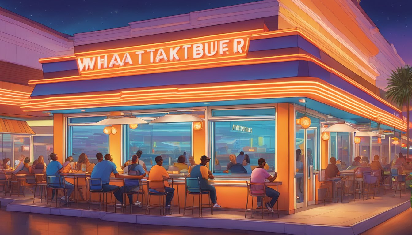 A bustling Whataburger restaurant in Vegas, filled with neon lights, colorful decor, and patrons enjoying their dining experience