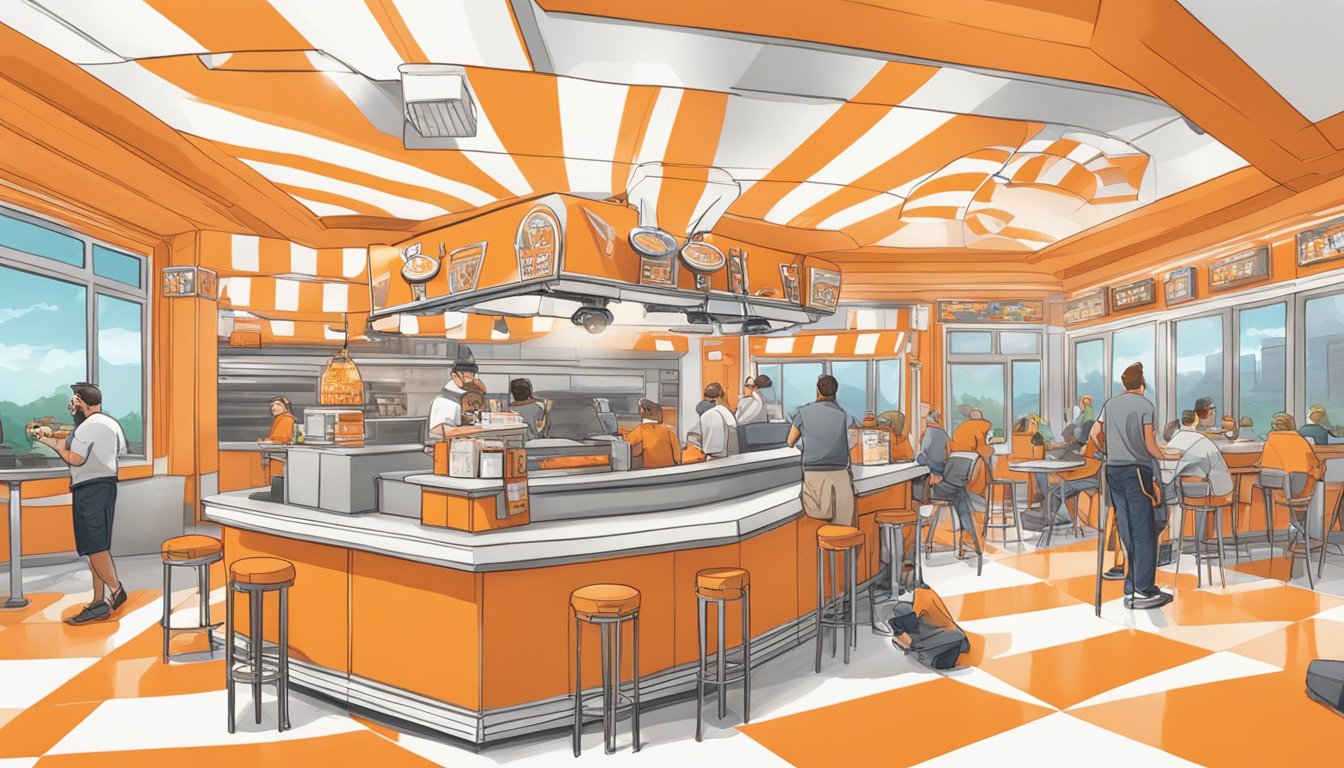 A Whataburger restaurant transformed into a movie set, with film crew and actors filming scenes amidst the iconic orange and white decor