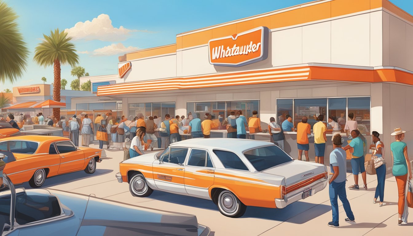 A bustling Whataburger location in Las Vegas with colorful signage, a crowded parking lot, and a line of customers inside the restaurant