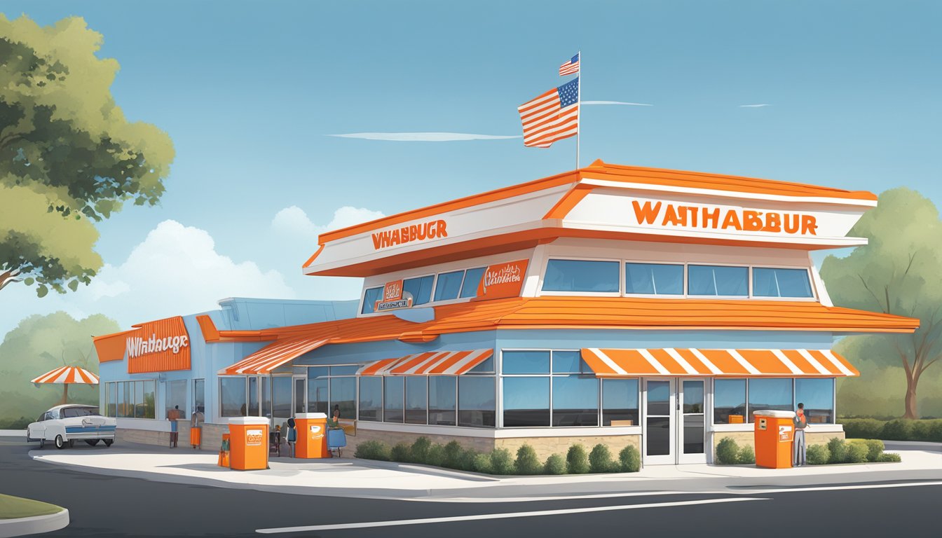 The iconic orange and white striped A-frame building of Whataburger stands proudly against a clear blue sky, with the signature orange and white striped roof and bold signage. A line of cars wraps around the drive-thru, and the outdoor seating area is filled with happy customers enjoying their meals