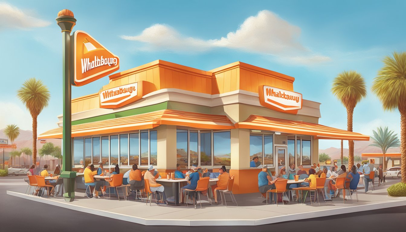 A bustling Whataburger in Vegas, with a vibrant community enjoying their meals and engaging in lively conversations