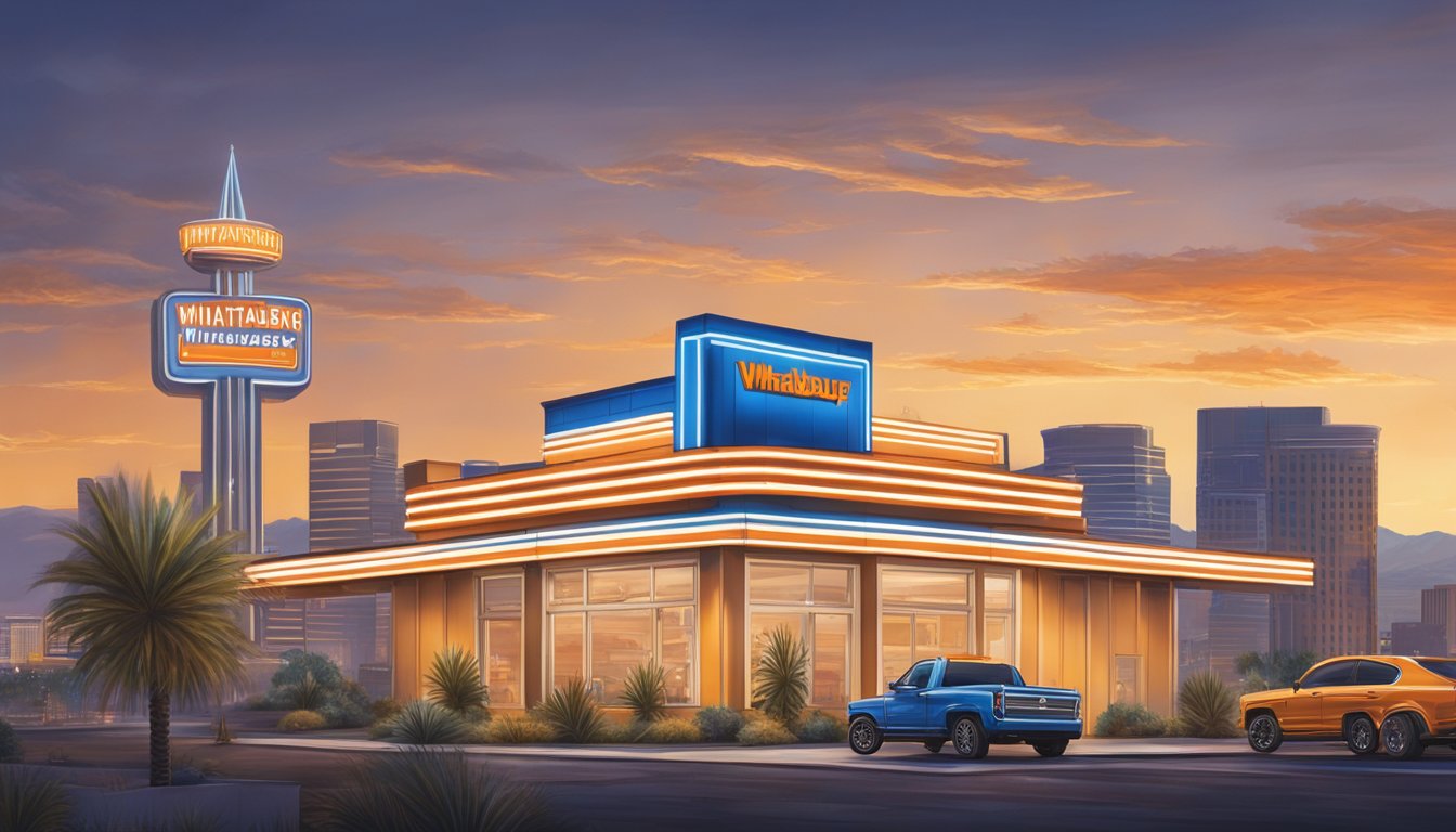 The iconic WhatABurger logo shines brightly against the Las Vegas skyline, drawing in potential employees with promises of opportunity and growth