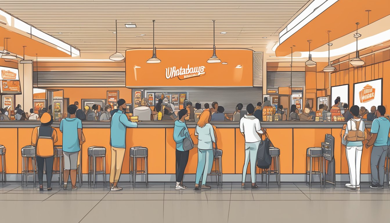 A bustling movie theater lobby with a giant screen displaying the Whataburger logo. Patrons line up for tickets and snacks