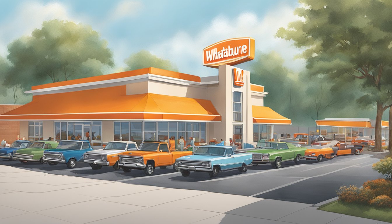 A bustling Whataburger restaurant in Jacksonville, AL, with a drive-thru line and outdoor seating, surrounded by a mix of cars and customers