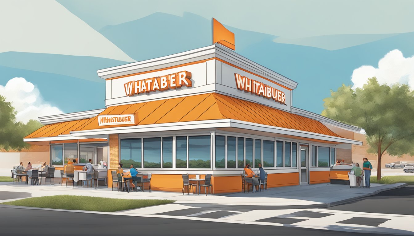 A bustling Whataburger restaurant in Jacksonville, Alabama, with a drive-thru, outdoor seating, and a welcoming sign