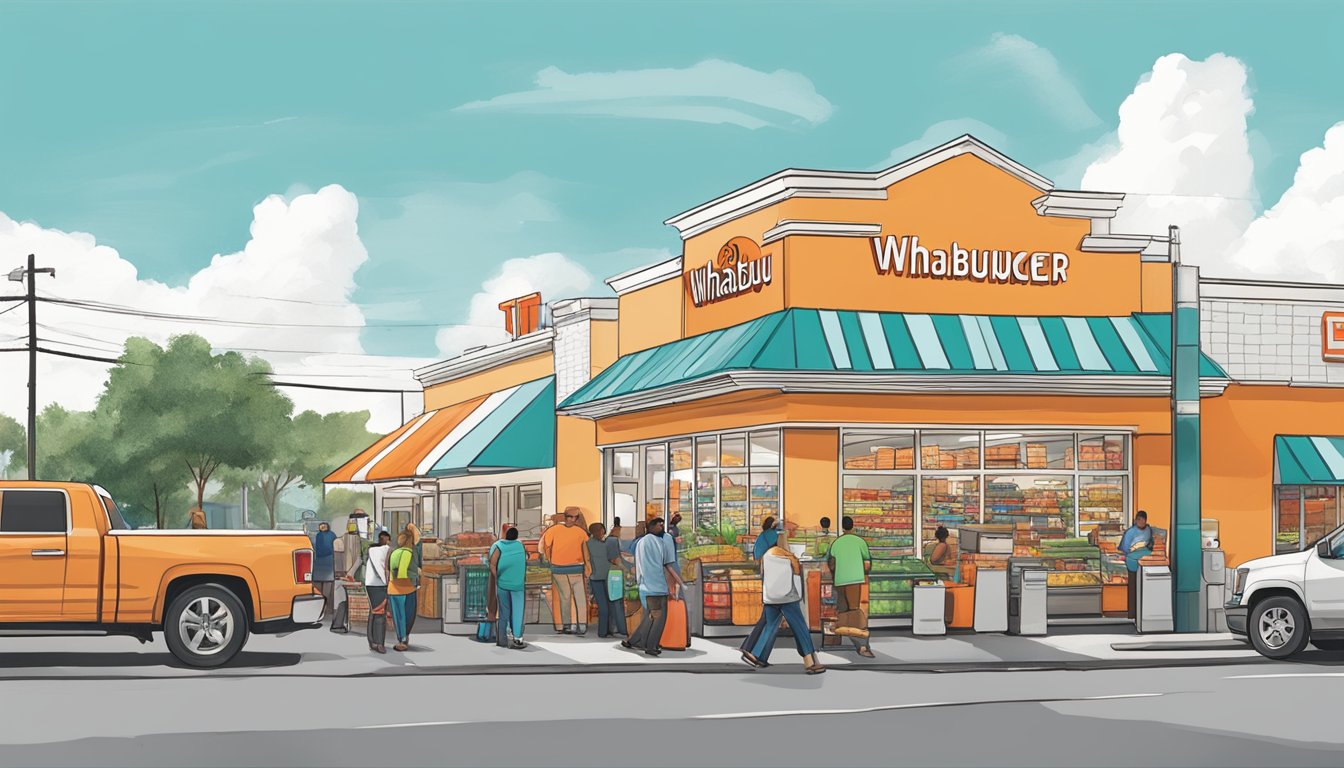 A bustling local market with a prominent Whataburger storefront in Jacksonville, AL