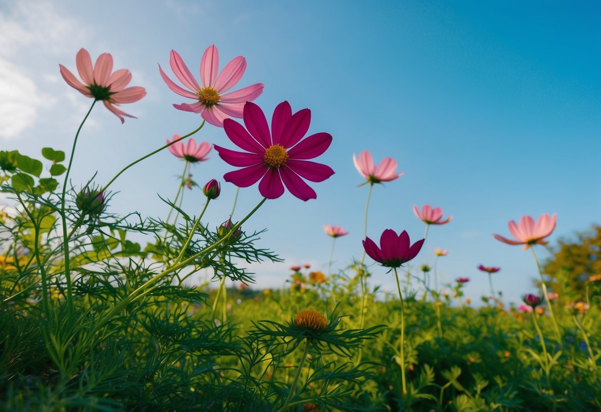 A cosmos flower in full bloom, surrounded by lush green foliage under a clear blue sky